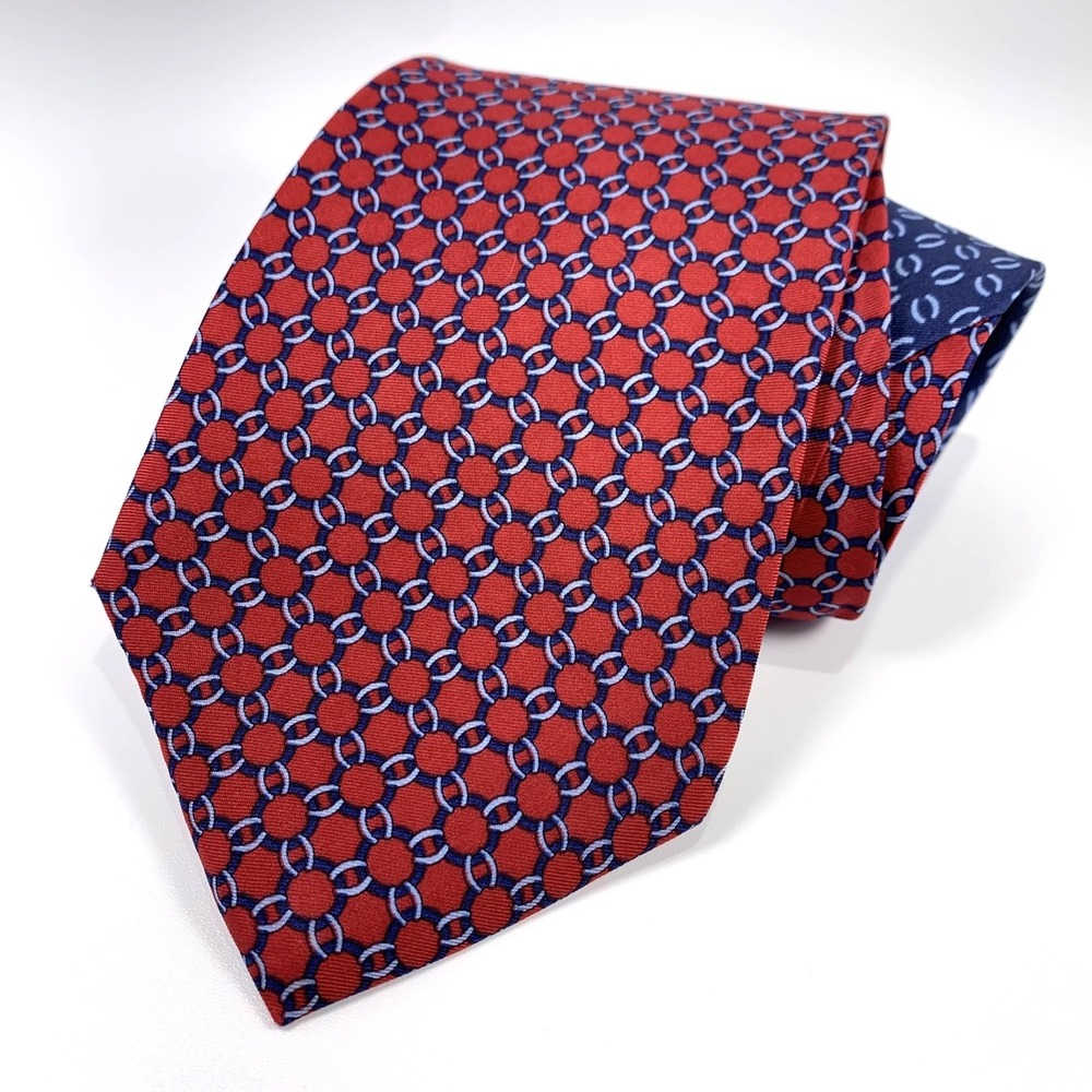 Tommy Hilfiger Mens Tie Red & Navy Geometric Foulard Design 100% Silk Neckwear